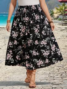 Breezaya Jupe ample en lin à taille haute et à motif floral épars pour femmes grandes tailles