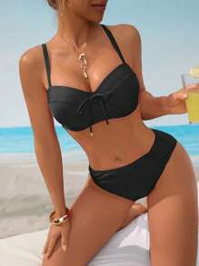 Voyashape Women Spring Break 2 Pieces Swimwear With Bowknot Decor, Backless Design, Ruched Side, Front Gathering, Padded Bust DD Cup, Fashion Holiday Swimwear For Summer Beach Vacation - Black - View 5