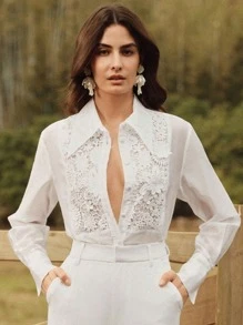 Anewsta 女士蕾丝贴花领宽松衬衫，节日外出 - 白色 - 查看 6