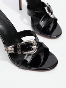 Cuccoo CUCCOO GRLICON Women's Sexy Fashion Metal Buckle Decor Pointed Toe Slim High Heel Casual Versatile Mule Style Green High Heel Sandals