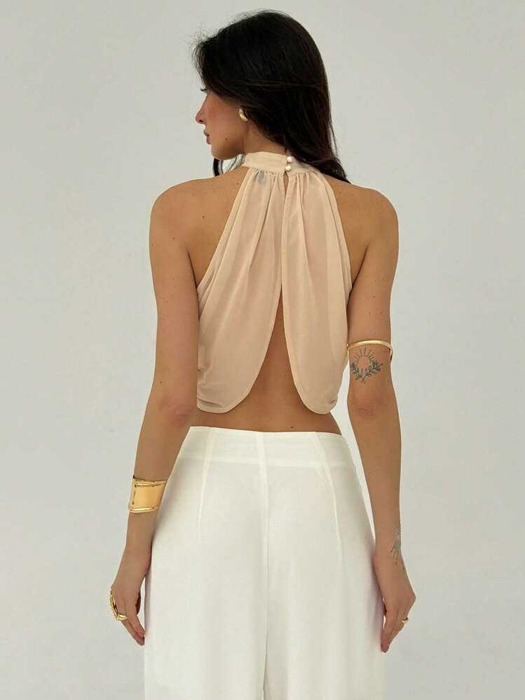 Aloruh Chiffon Vacation Casual Fashion Cross Ruched Back Neck Button Elegant Sexy Blouse For Women,Rave Top - Khaki - View 2