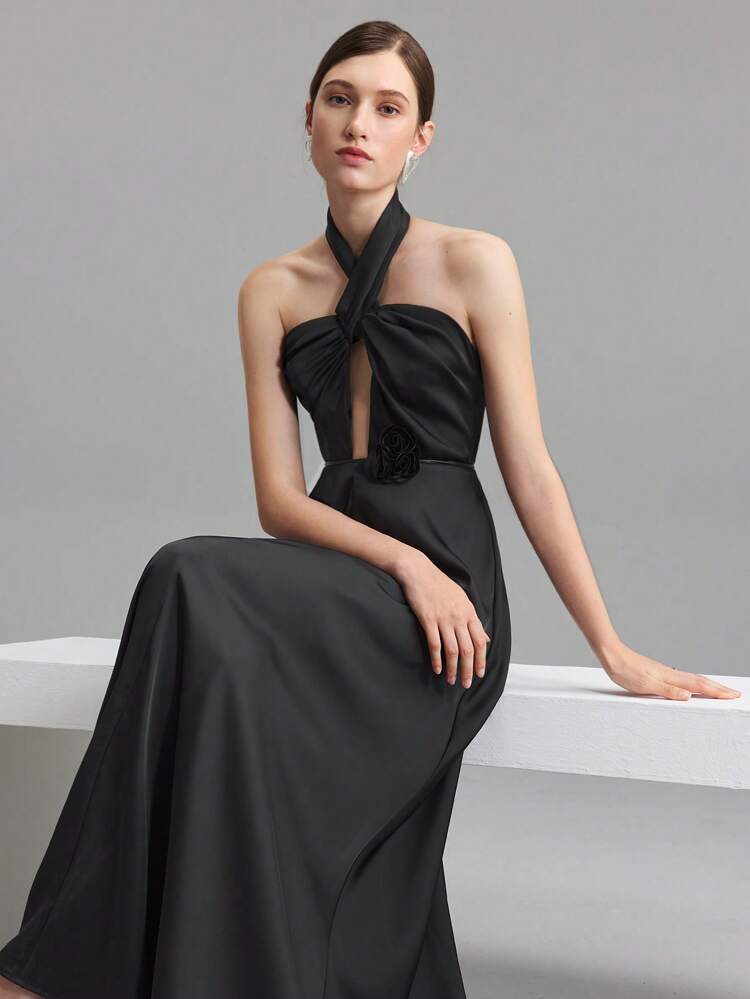 2025 Women Elegant Solid Color 3D Floral Decor Hollow Out Backless Dress