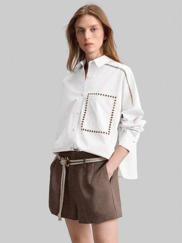 Ontre Blusa blanca de manga larga bordada para mujer, estilo verano 2025, camisa casual y suelta con cuello de solapa, diseño de bordado hueco, estilo de vacaciones casual, ropa de oficina para maestras