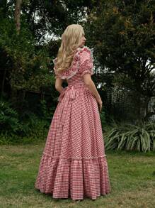 SHEIN X Hannahelzahed SHEIN MOD Váy xếp ly tay bồng họa tiết kẻ caro - Nhiều màu - Xem 2