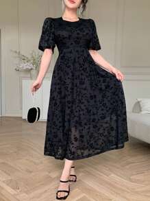 DAZY 女式 A 字形荷叶边袖中长连衣裙，适合夏季的简约风格 - 黑色 - 查看 5