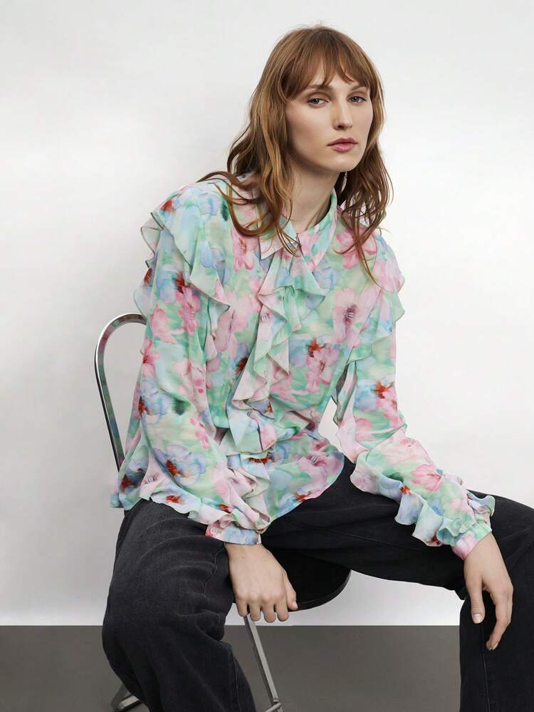 SHEIN Maija Camisa Casual & Empresarial Feminina com Estampa Floral e Babados, Camisa Folgada de Manga Curta com Colarinho, Moda Elegante e Romântica Moderna da Cidade, Macia e Confortável, Cor Rosa e Verde