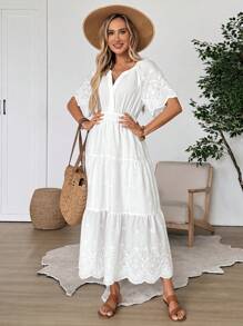 EMERY ROSE 女士度假蜡染刺绣 V 领休闲长裙 - 白色 - 查看 6