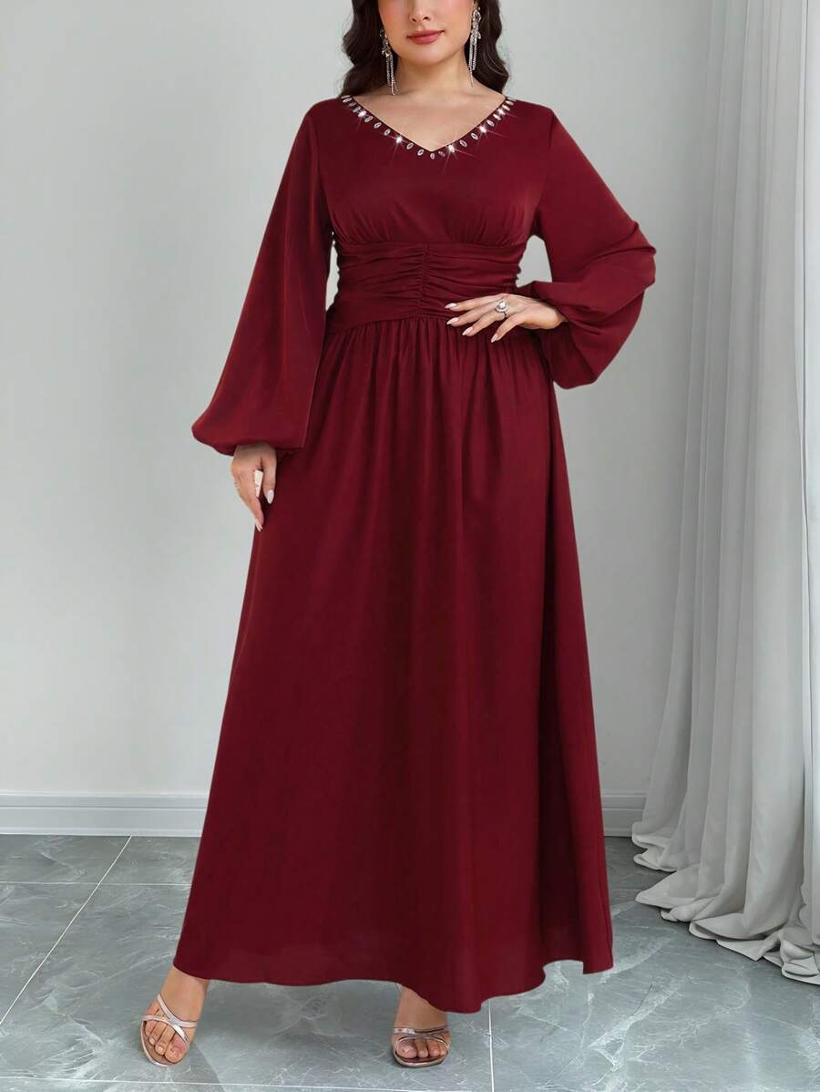 Modelyn Plus Size Women's Rhinestone Decor V-Neck Lantern Sleeve Ruched Waist Midi Dress - Red - View 1