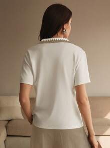 Anewsta Áo len viền ren phối màu thanh lịch, trang phục công sở thường ngày và trang trọng dành cho nữ - Lạc đà - Xem 2