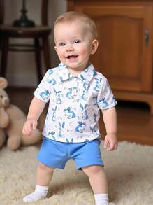 男婴两件套可爱卡通兔子印花翻领衬衫和短裤，蓝色 - 藍色 - 查看 1