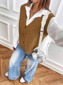 Chiquease Women's Casual Minimalist Solid Color Single-Breasted Knitted Vest - Brown - View 7