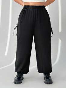 SHEIN EZwear 大码女式黑色休闲慢跑裤带口袋