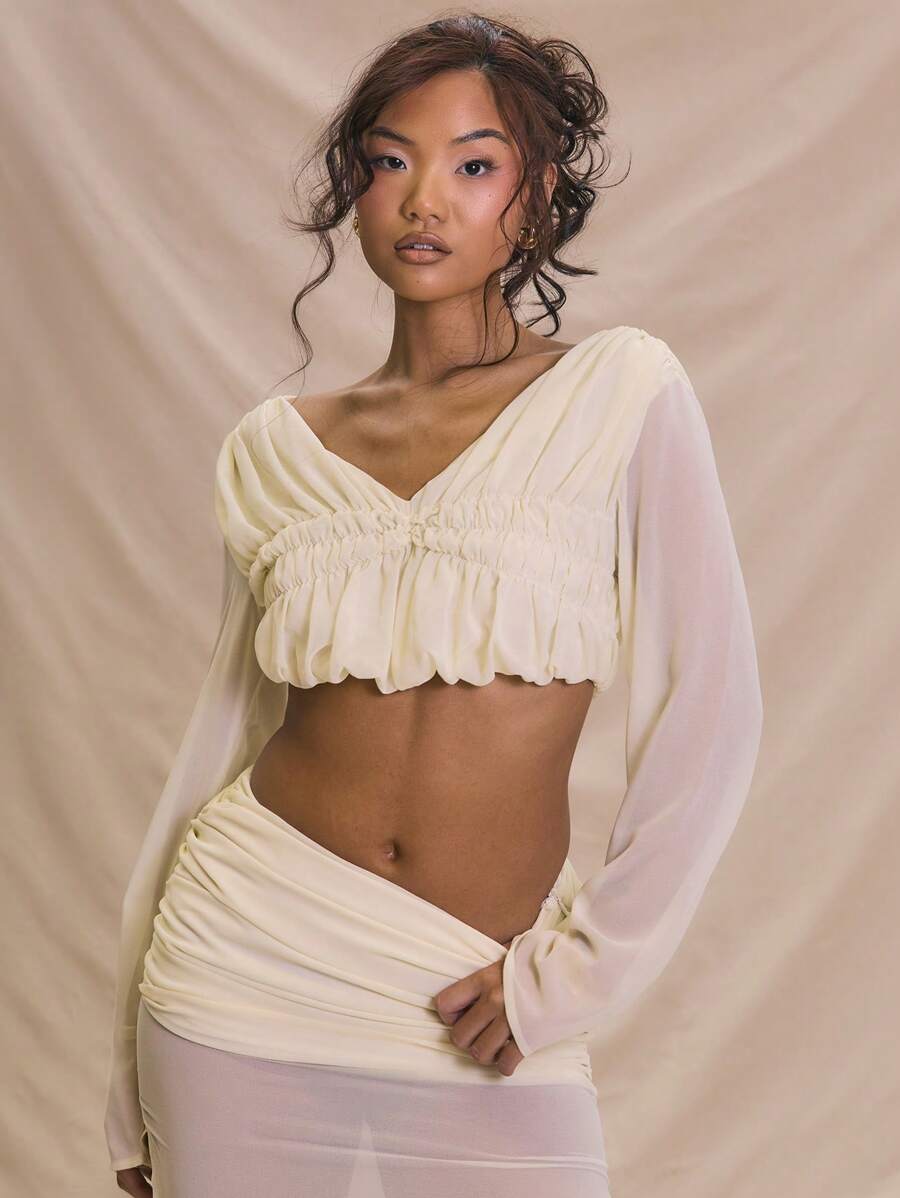 MUSERA Chiffon Ruched Draped Long Sleeve V Neck Cropped Top For Summer Vacation Bachlorette Hen Do Spring Holiday - Khaki - View 1