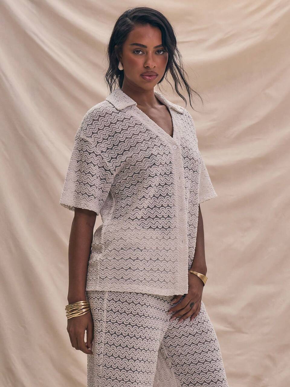 Copri-costume lavorato a maglia con bottoni e maniche corte, elegante per vacanze estive e primavera