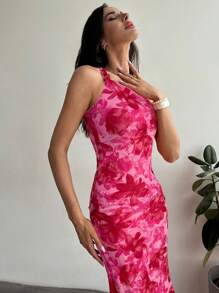 Firerie 女士优雅花卉印花单肩鱼尾下摆扭纹设计连衣裙，适合度假、约会、音乐节 - 玫紅色 - 查看 6