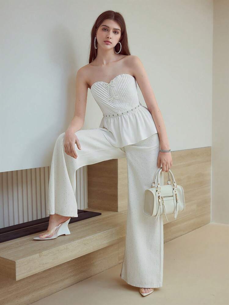 MOTF STUDIO FAUX PEARL PEPLUM TUBE TOP