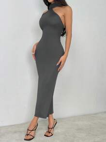 SHEIN PETITE 纯色挂脖露背紧身连衣裙 - 灰色 - 查看 4