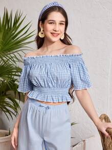 SHEIN Conjunto de 2 piezas para adolescentes con top hombros descubiertos tejido a cuadros y pantalones con cintura elástica - Azul y blanco - Ver 3