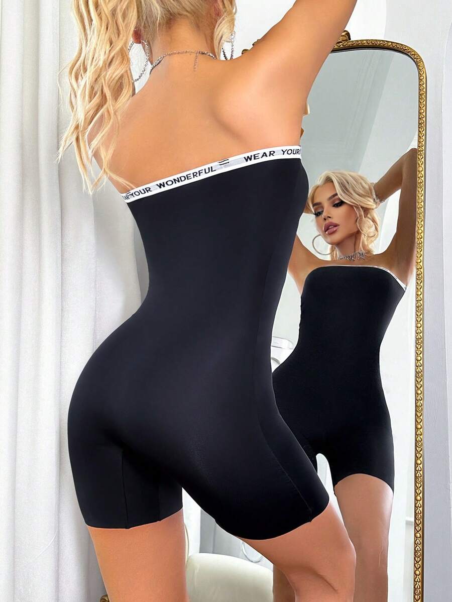 EasyFave Women Letter Knit Bandeau Jumpsuits With Shorts - Black - View 1