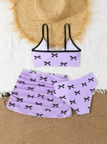 SHEIN 3 Pcs/Set Tween Girl Random Print Tankini Swimwear Set - Purple - View 2