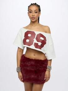 SUMWON WOMEN 露肩号码球衣短款上衣短袖足球篮球校队球员比赛日球迷服装 - 白色 - 查看 1