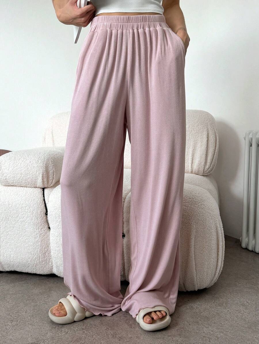DAZY 女式简约柔软针织罗纹宽松睡裤睡衣 - 粉色 - 查看 1