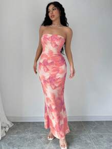 Elenzga Đầm Maxi hở lưng in hoa thanh lịch cho mùa hè dành cho nữ - Hồng - Xem 5