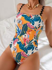 SHEIN Swim 荷叶边吊带热带印花连体泳衣