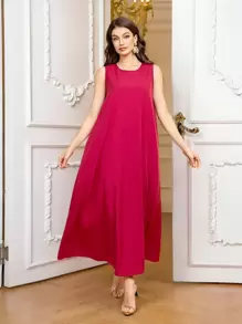 SHEIN Wine Red Women's Elegant Printed Long Dress With Long Jacket And Belt, 3-Piece Set,Modest - Burgundy - View 7