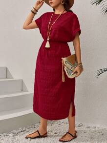 EMERY ROSE Plus Size Solid Color Simple Round Neck Short Sleeve Casual Everyday Dress,Summer Outfits For Women/Summer,Tropical Vacation Woman Clothes - Burgundy - View 3