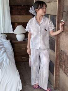 DAZY Tween Girl' Short Sleeve Plaid Embroidery Soft Home Dress, Spring/Summer