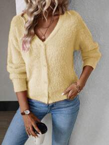Calvaya Women's Solid Color Long Sleeve Single-Breasted Mink Hair Cropped Cardigan Fall Winter Cloth For Women - Yellow - View 5