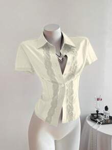 SHEIN Unity Vintage Simple Lace Patchwork Solid Fitted Short Sleeve Women Blouse - Apricot - View 5