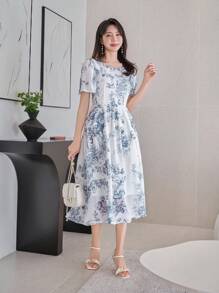 DAZY 女式纹理荷叶边袖 A 字中长连衣裙 - 藍色 - 查看 8