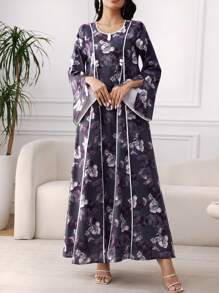 Al Najma V 领花卉印花前片撞色饰边喇叭袖阿拉伯风格连衣裙，端庄 - 紫色 - 查看 2