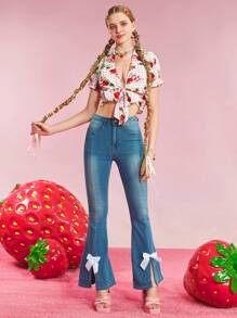 Strawberry Shortcake X SHEIN 女士夏季白色可爱甜美波尔卡圆点和草莓印花前结蝴蝶结短款衬衫度假 Y2K 狂欢音乐会女士春季茶会衬衫