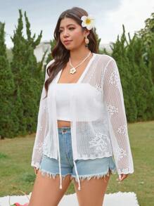 SHEIN LUNE Plus Size Women Open Front Tie-Up Loose Knit Cardigan With Hollow Design - White - View 6