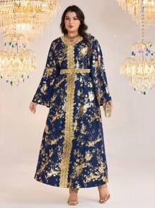 Al Najma Vestido largo de estilo árabe con estampado de lámina de oro y mangas acampanadas para mujer de talla grande