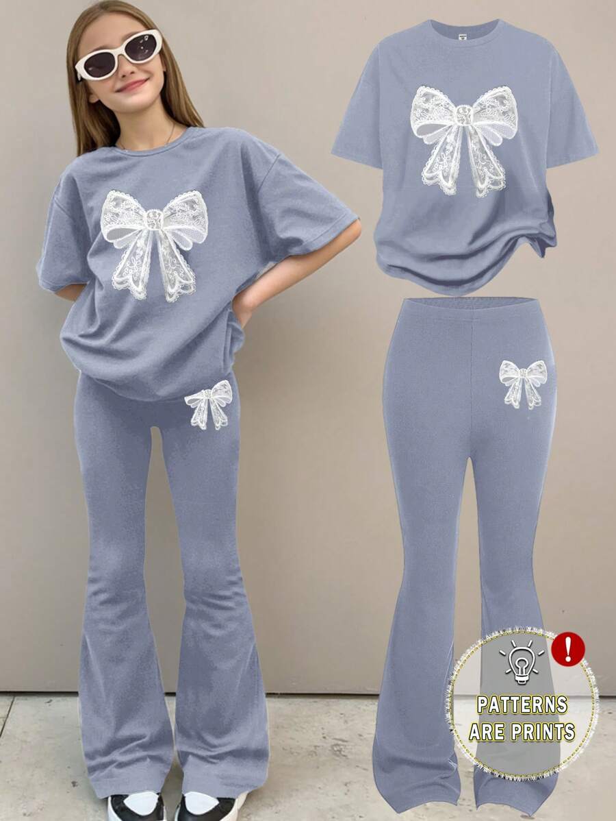 SHEIN Leap Crew 青少年女孩休闲简约短袖上衣和裤子两件套,适合夏季 - 藍色 - 查看 1