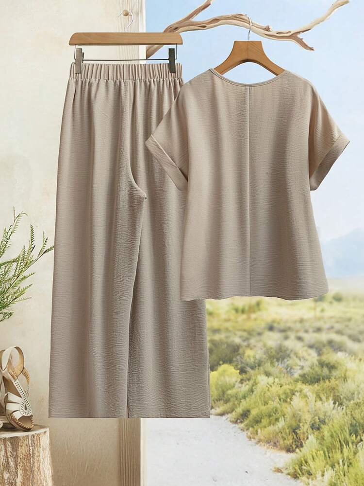 Women Solid Color Contrast Lace Short Sleeve Blouse And Wide Leg Pants Casual 2 Pieces Set