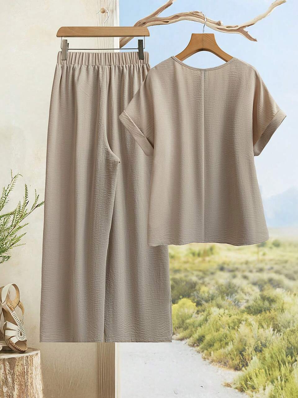 Women Solid Color Contrast Lace Short Sleeve Blouse And Wide Leg Pants Casual 2 Pieces Set