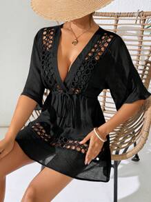 Swim Lushoire Women's Black Deep V-Neck Casual Cover Up For Spring & Summer