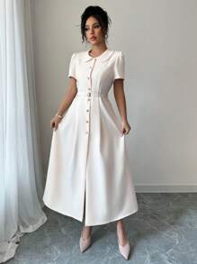 Chiquease 女式纯色彼得潘领泡泡袖单排扣迷你连衣裙 - 白色 - 查看 4