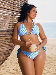 Swim Mod 2 件大码女士性感甜美休闲彩色金属点缀吊带比基尼度假泳装