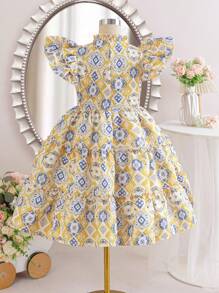 Tween Girls Elegant Geometric Retro Print Ruched Ruffle Hem Dress, Vacation, Gorgeous Palace Style, Gold Retro Print - Khaki - View 6