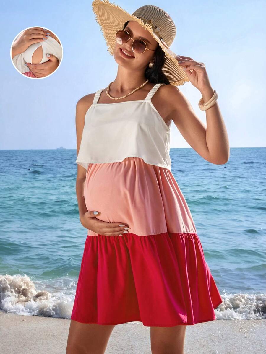SHEIN Women's Casual Summer Nursing Dress: Sleeveless, Strappy, Multicolor Woven Fabric With Flounce Hem And Convenient Breastfeeding Access - Multicolor - View 1