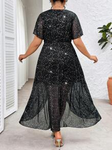 SHEIN Clasi Plus Size Gold Foil Net Ruffled Sleeve Dress, Elegant Party Wear, Spring/Summer - Black - View 2