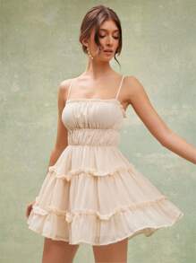 L'Amorae Summer Sexy Solid Color Ruffle Wrap Back Spaghetti Strap Mini Dress - Beige - View 2