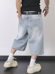 Claim Dot 男士口袋阔腿宽松休闲牛仔短裤 - 淺色水洗藍 - 查看 2