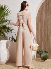 SHEIN Teen Girl Summer Apricot & Khaki Sleeveless Backless Bow Decor Loose Wide Leg Pants 2 Pieces Vacation Casual Outfits Set